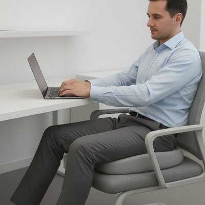Coussin ergonomique chaise homme assi devant son ordi