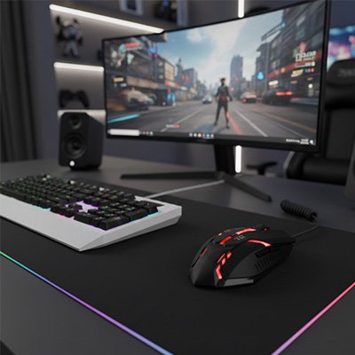 Souris filaire sur bureau avec sous main