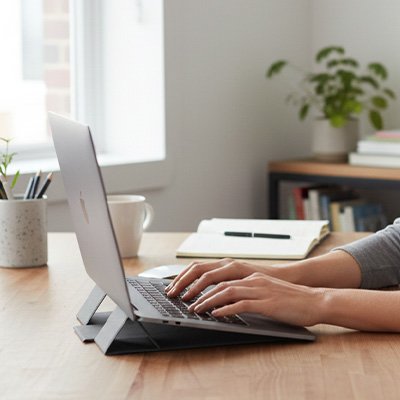 Support bureau pour ordinateur portable ergonomique installé sur un bureau moderne. L'ordinateur est surélevé à hauteur des yeux grâce à un support pliable favorisant une meilleure posture, réduisant les douleurs au cou et au dos et améliorant la ventilation de l'appareil. Solution idéale pour le télétravail, les études et le travail de bureau.