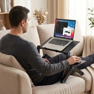 homme assis confortablement sur son canapé avec son portable posé sur un Support pc portable lit