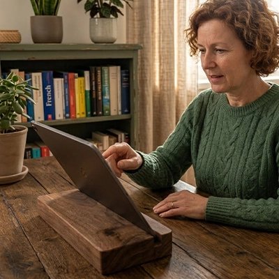 Support tablette en bois massif posé sur une table, maintenant une tablette en position inclinée pour une lecture confortable. Idéal pour le télétravail, les recettes de cuisine, les visioconférences et les études grâce à son design élégant, stable et ergonomique