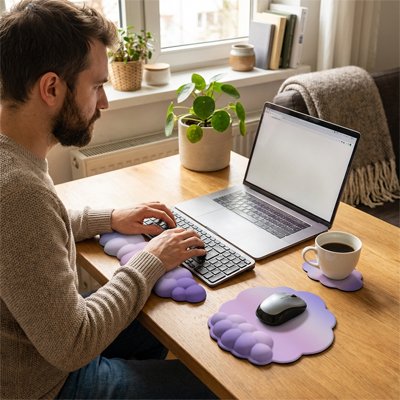 Tapis de souris repose poignet | CloudDesk™ violet avec homme en télétravail