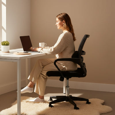 coussin ergonomique pour le dos | SmartComfort™ sur chaise de bureau avec femme assise devant son ordinateur