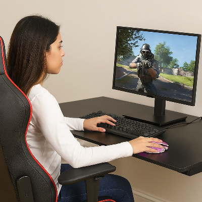 souris gamer sans fil jeune femme joue a son bureau