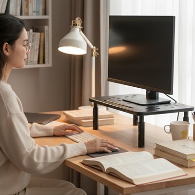 Support ecran PC noir avec femme a son bureau