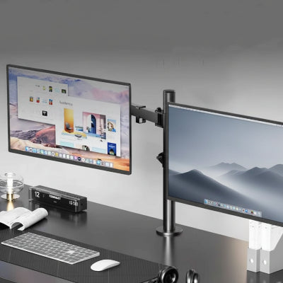 Support double écran PC ProDesk sur un bureau noir, avec un moniteur et un ordinateur portable visibles