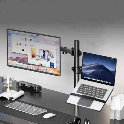 support double ecran pc | ProDesk™ sur bureau noir avec un écran et un portable accroché sur le support