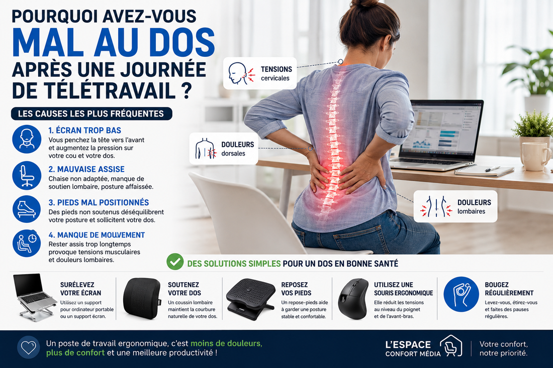  L'infographie présente les erreurs fréquentes au bureau à domicile et les accessoires recommandés pour réduire les douleurs dorsales, cervicales et lombaires.