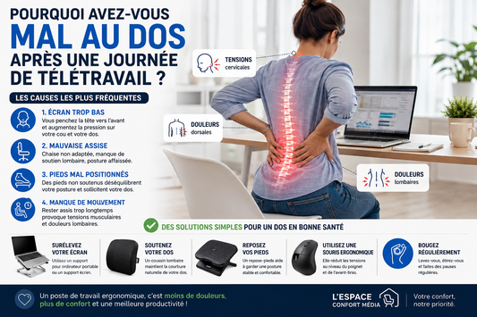  L'infographie présente les erreurs fréquentes au bureau à domicile et les accessoires recommandés pour réduire les douleurs dorsales, cervicales et lombaires.