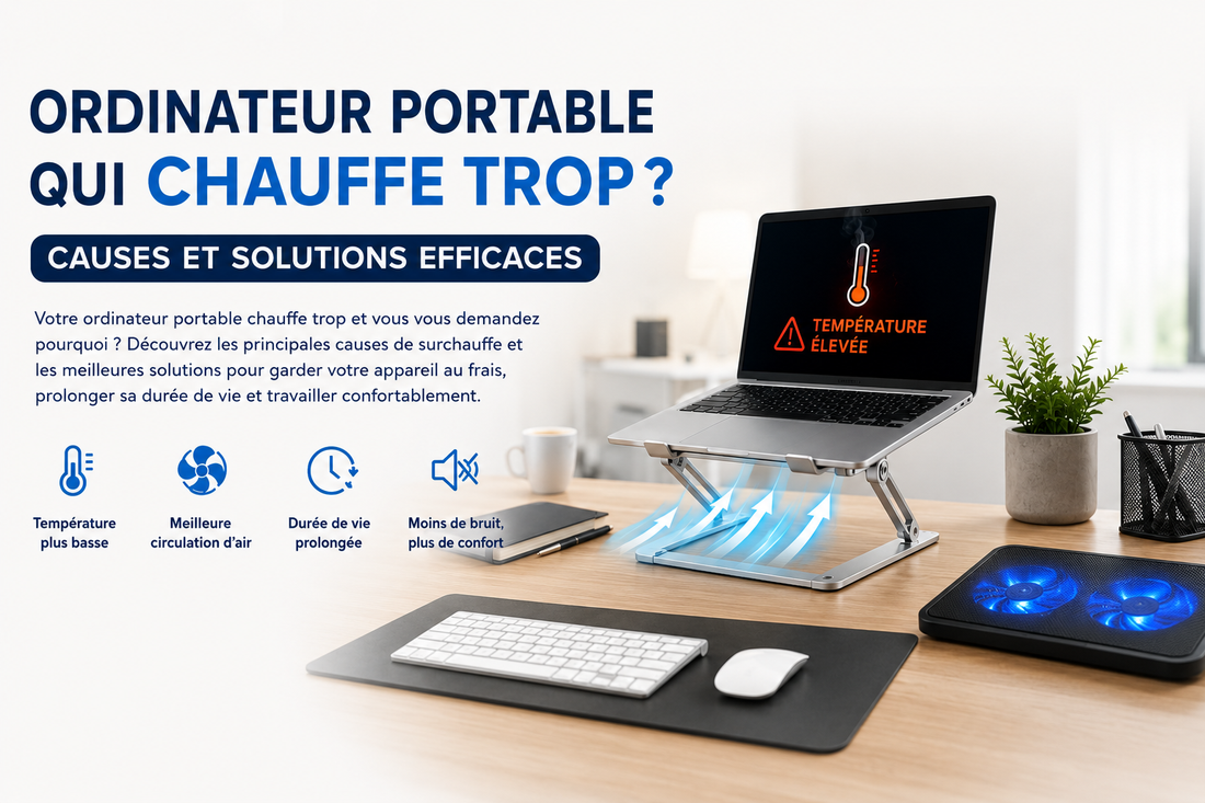 Ordinateur portable sur un support ergonomique avec refroidisseur illustrant les solutions pour éviter la surchauffe et améliorer le confort de travail.