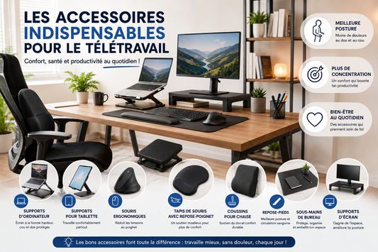 Bureau de télétravail ergonomique moderne avec support d'ordinateur portable, support d'écran, souris ergonomique, repose-pieds, coussin lombaire et accessoires de bureau favorisant le confort et une meilleure posture.