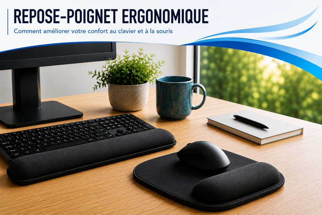 Guide Repose-poignet ergonomique : bureau ergonomique avec clavier, souris et repose-poignets sur un espace de travail moderne et lumineux.