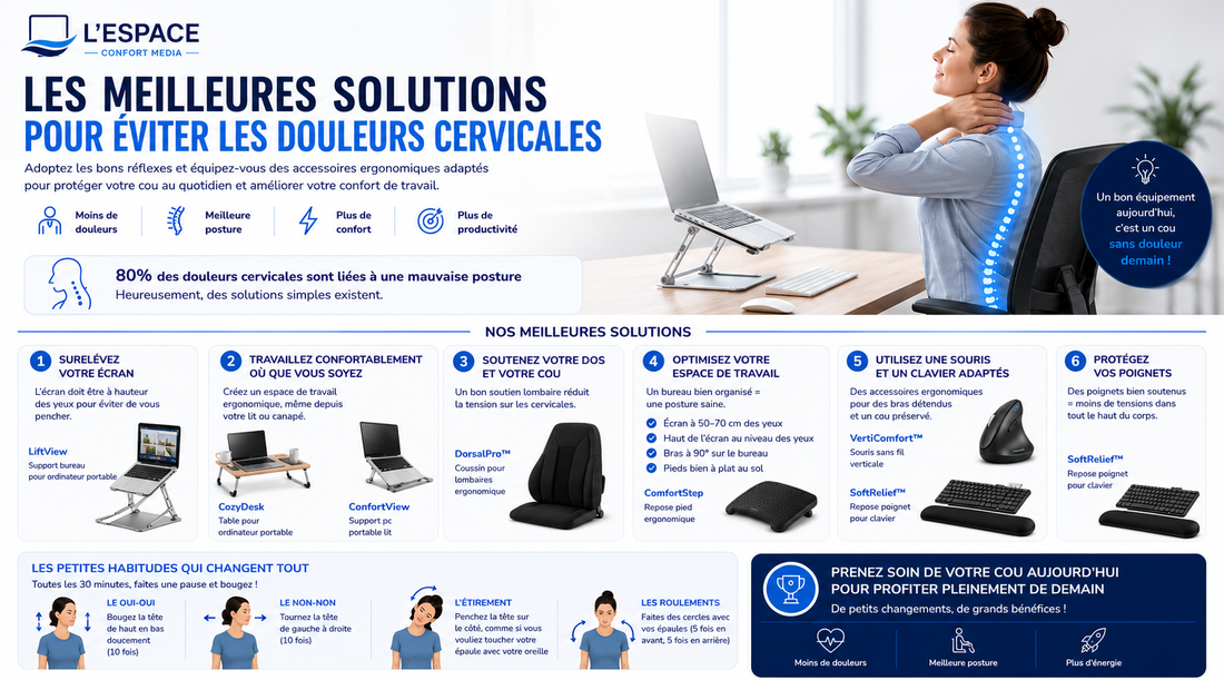 Personne travaillant sur ordinateur avec une posture ergonomique et des accessoires de bureau pour prévenir les douleurs cervicales.