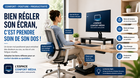 Femme assise dans un bureau ergonomique moderne avec support d’écran PC, coussin lombaire et repose-pieds pour améliorer la posture et réduire les douleurs au dos et au cou.