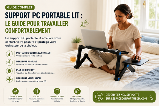 Support PC portable pour lit ergonomique utilisé par une femme travaillant confortablement depuis son lit. Le support réglable avec tablette pour souris améliore la posture et offre une meilleure ventilation pour l'ordinateur portable.