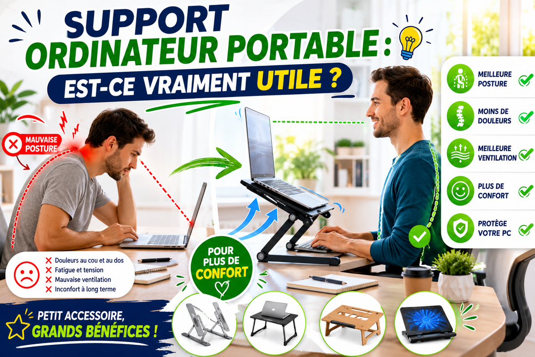 Comparaison avant et après l'utilisation d'un support ordinateur portable ergonomique. L'image montre une personne avec une mauvaise posture devant un ordinateur portable posé à plat, puis une posture correcte avec un support réglable. 