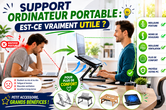 Comparaison avant et après l'utilisation d'un support ordinateur portable ergonomique. L'image montre une personne avec une mauvaise posture devant un ordinateur portable posé à plat, puis une posture correcte avec un support réglable. 