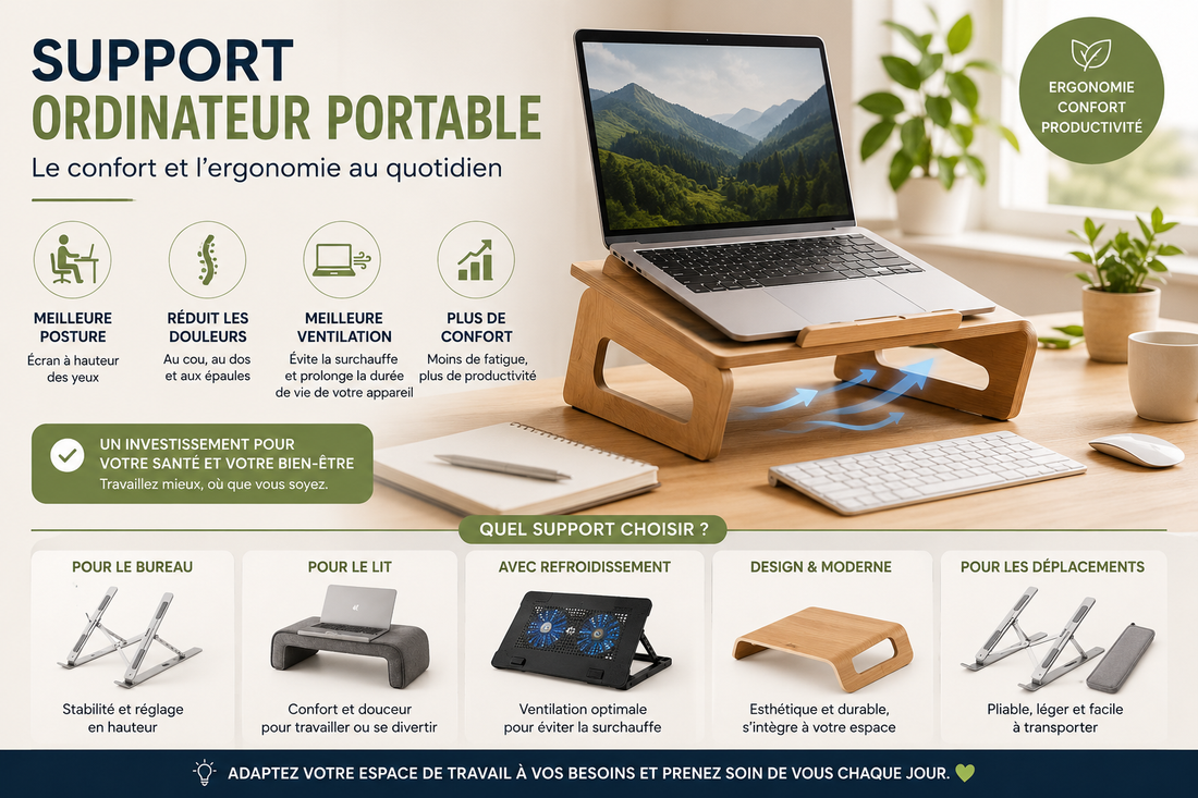 Infographie présentant les avantages d'un support ordinateur portable ergonomique. Illustration d'un ordinateur portable sur un support en bois dans un bureau moderne, mettant en avant l'amélioration de la posture.