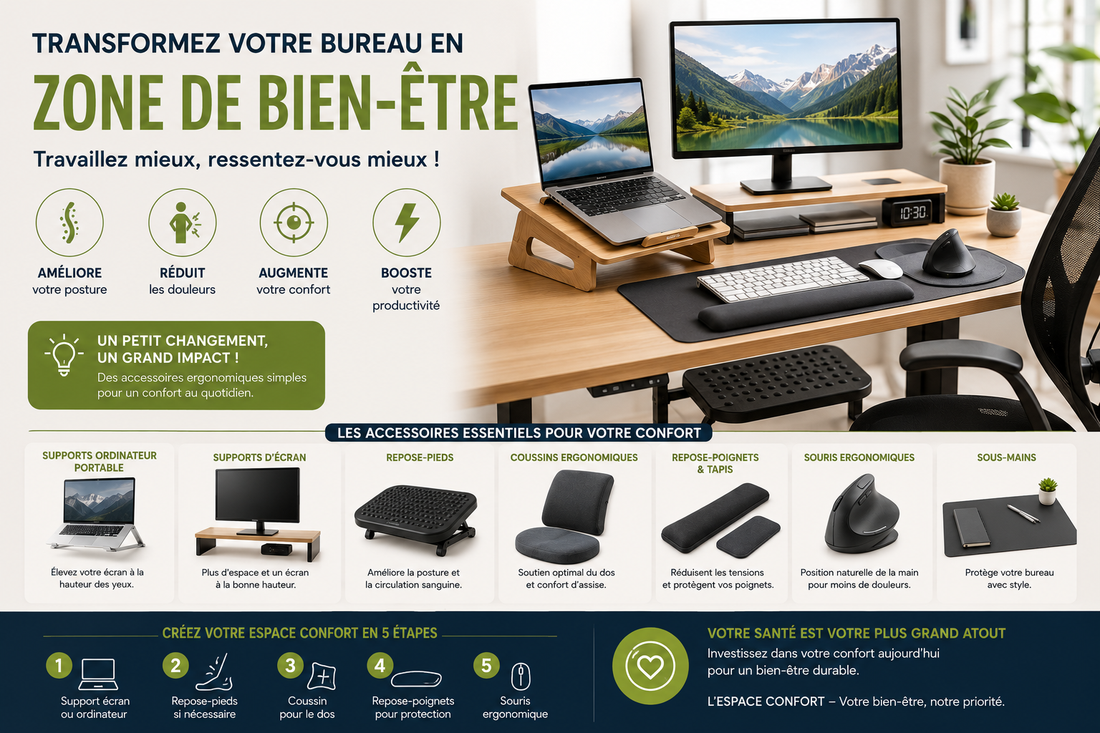 Infographie sur un espace confort de bureau montrant un espace de travail moderne avec support d'ordinateur portable, support d'écran, repose-pieds, coussins ergonomiques, repose-poignets, souris ergonomique et sous-main de bureau.