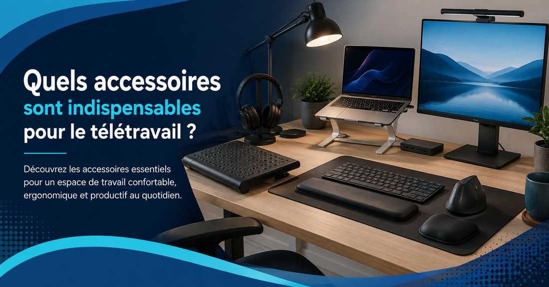 Poste de télétravail ergonomique équipé d’un écran, d’un support pour ordinateur portable, d’un clavier, d’une souris et d’accessoires de confort.