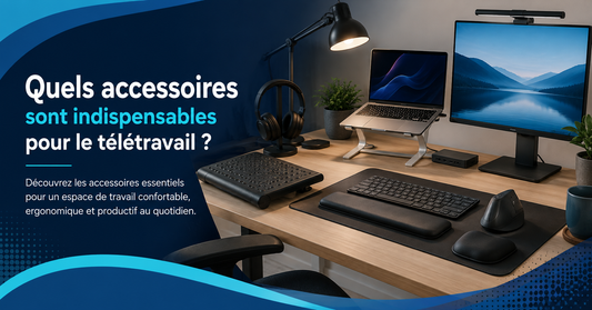 Poste de télétravail ergonomique équipé d’un écran, d’un support pour ordinateur portable, d’un clavier, d’une souris et d’accessoires de confort.