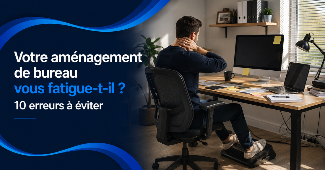 Homme fatigué à un poste de travail encombré, illustrant dix erreurs d’aménagement de bureau pouvant réduire le confort et la concentration. 