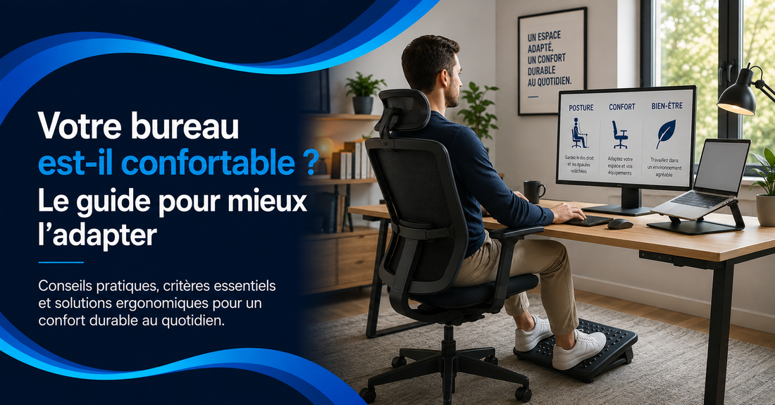 Bureau ergonomique avec fauteuil réglable, écran, support pour ordinateur portable et repose-pieds, illustrant l’adaptation du poste à la posture et aux besoins.