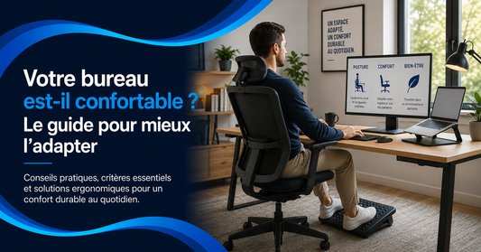 Bureau ergonomique avec fauteuil réglable, écran, support pour ordinateur portable et repose-pieds, illustrant l’adaptation du poste à la posture et aux besoins.
