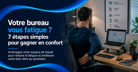 Homme ressentant de la fatigue à son poste de travail, illustrant sept étapes simples pour corriger l’aménagement du bureau et gagner en confort.