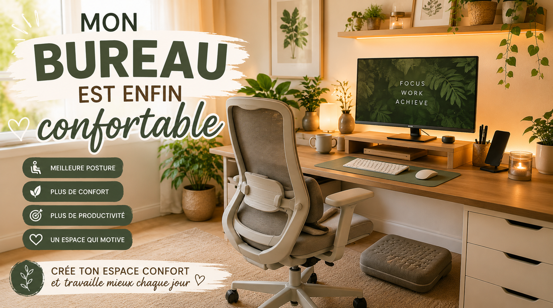 bureau maison cosy et ergonomique avec support écran, chaise confortable, tapis de bureau, plantes et repose-pieds.