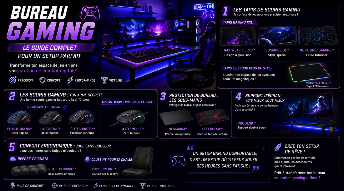 Image montrant un bureau gaming moderne avec double écran LED, tapis de souris XXL, souris gamer RGB, chaise ergonomique et ambiance néon violette futuriste.