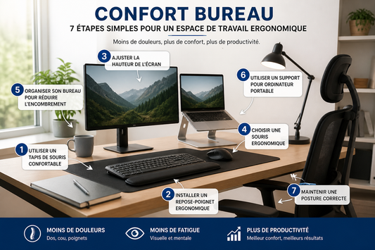 Infographie ergonomique montrant un bureau moderne optimisé pour le confort au travail avec écran ajusté, souris ergonomique, tapis de souris, repose-poignet et support ordinateur portable