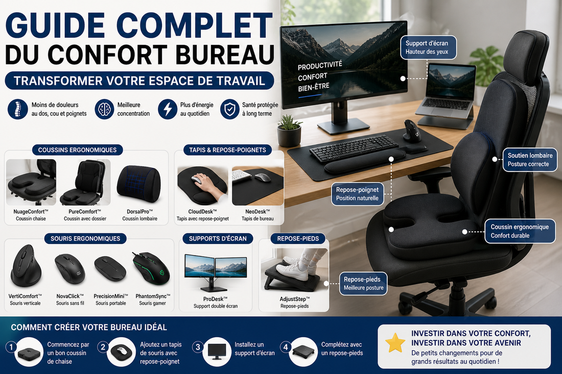 un bureau confortable avec coussin ergonomique, tapis de souris avec repose-poignet, souris verticale, support d’écran et repose-pieds, montrant un espace de travail optimisé pour réduire les douleurs et améliorer la productivité