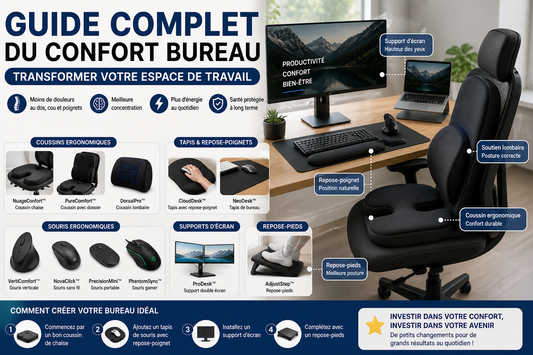un bureau confortable avec coussin ergonomique, tapis de souris avec repose-poignet, souris verticale, support d’écran et repose-pieds, montrant un espace de travail optimisé pour réduire les douleurs et améliorer la productivité