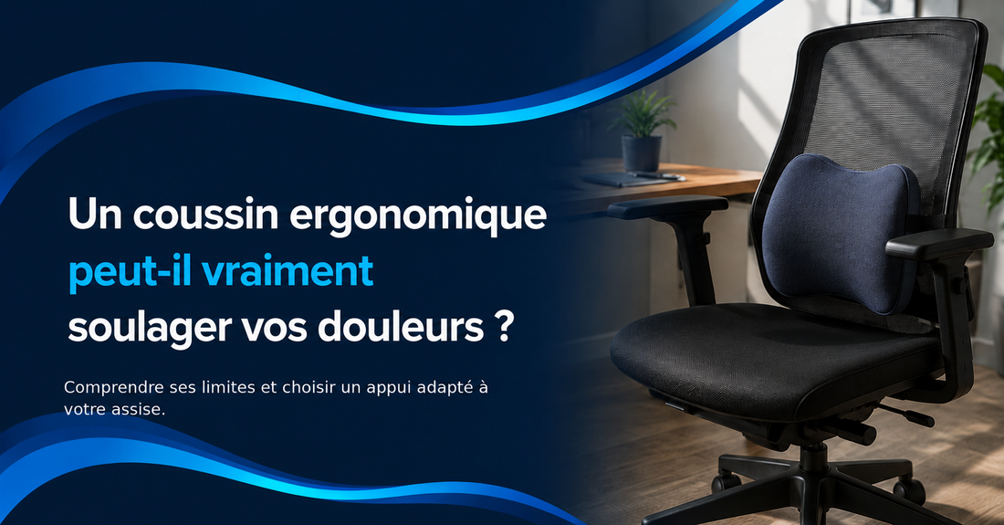 Coussin ergonomique posé sur un fauteuil de bureau, illustrant son rôle possible pour améliorer l’assise et réduire certains inconforts.