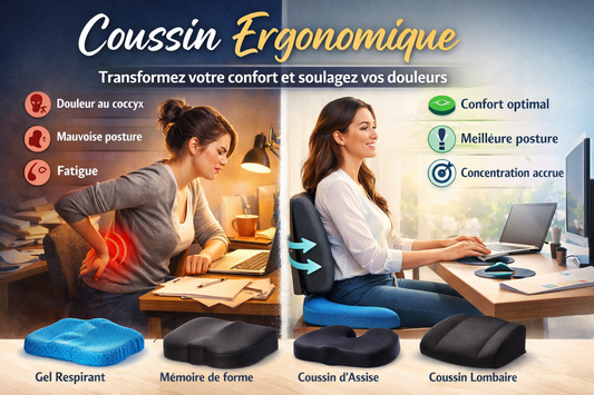 coussin ergonomique avec comparaison avant après montrant soulagement des douleurs amélioration de la posture et confort au bureau