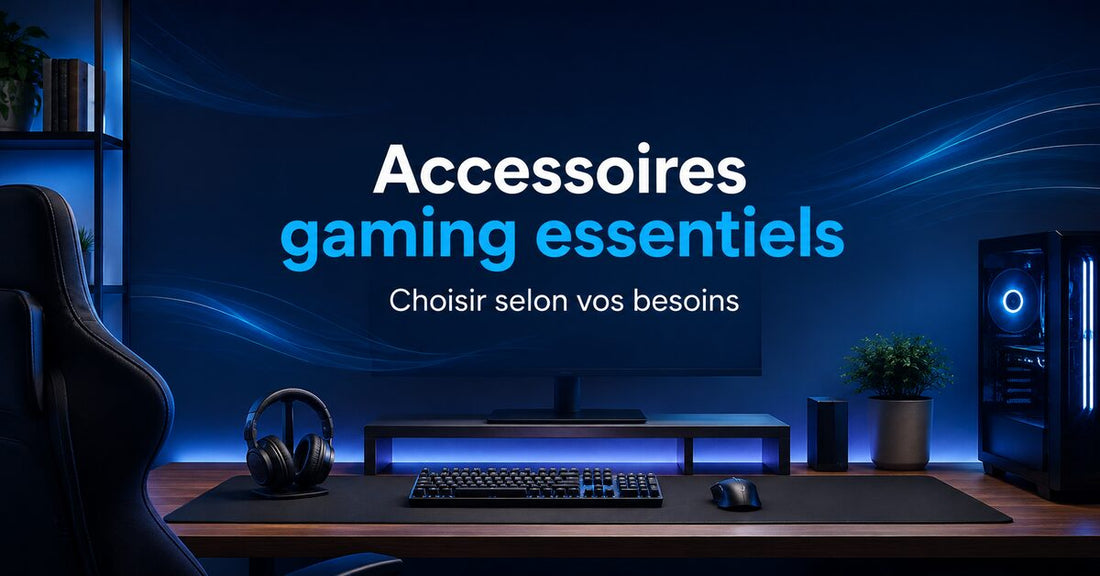 Bureau gaming organisé avec écran, clavier, souris, grand tapis et siège dans une ambiance bleu marine et cyan.