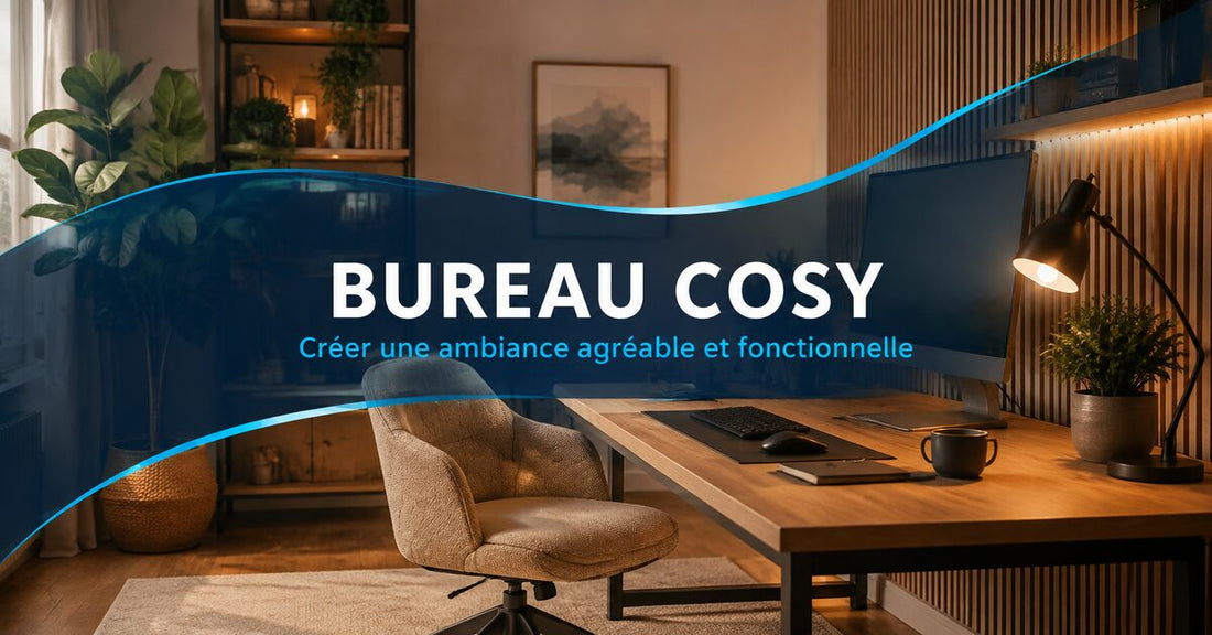Bureau cosy et fonctionnel avec éclairage chaleureux, plante, chaise confortable et espace de travail dégagé.