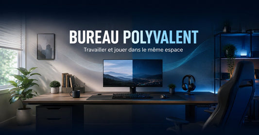 Bureau polyvalent organisé pour le travail le jour et le gaming le soir, dans une ambiance bleu marine et cyan.