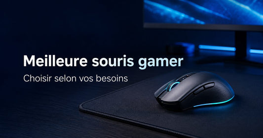 Souris gamer noire sur un tapis, dans un bureau bleu, avec le titre Meilleure souris gamer
