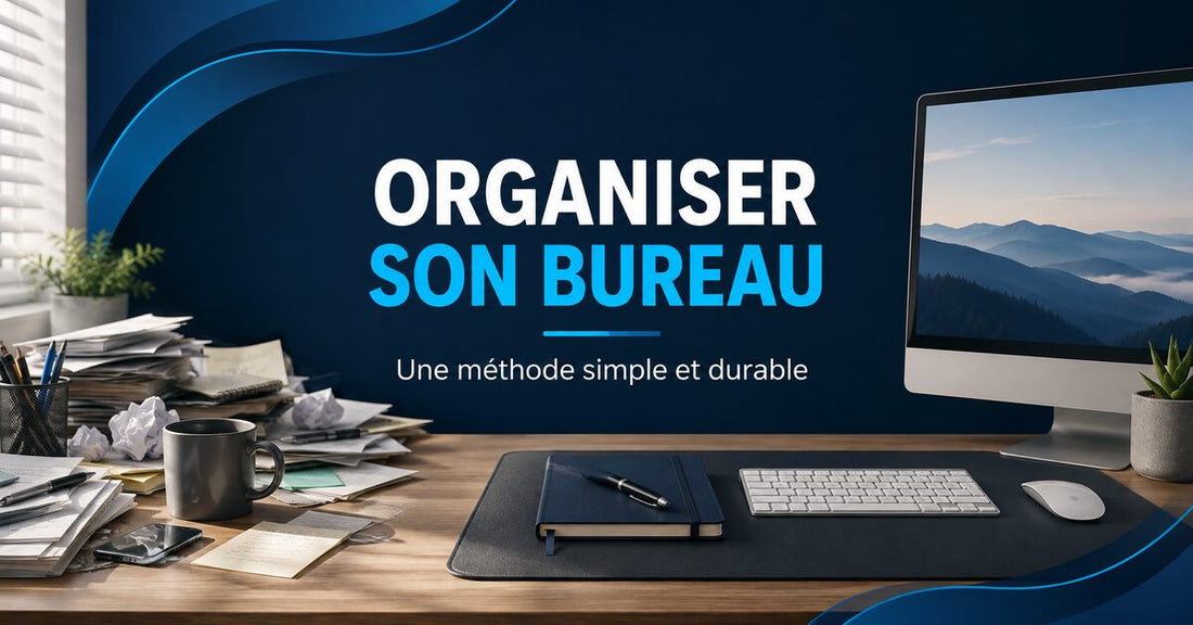 Bureau passant du désordre à une organisation claire, pour illustrer une méthode simple et durable d’organisation du bureau.