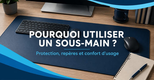 Sous-main bleu sous un clavier et une souris, illustrant la protection, les repères et le confort d’usage au bureau.