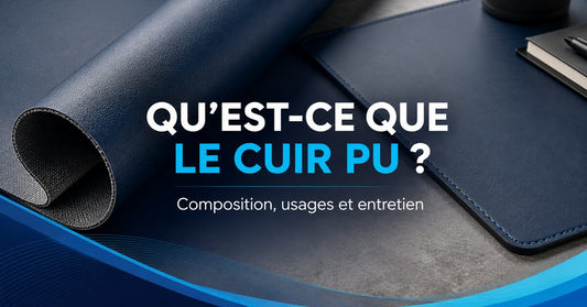 Échantillons de matière synthétique et sous-main bleu illustrant la composition, les usages et l’entretien du cuir PU.