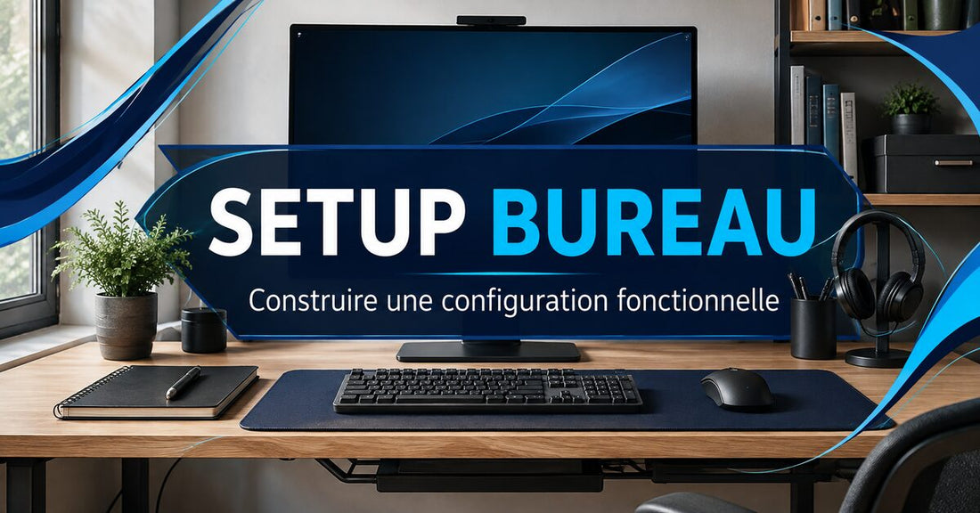 Setup bureau fonctionnel avec écran, clavier, souris et sous-main organisés sur un poste de travail moderne.
