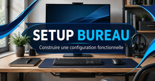 Setup bureau fonctionnel avec écran, clavier, souris et sous-main organisés sur un poste de travail moderne.