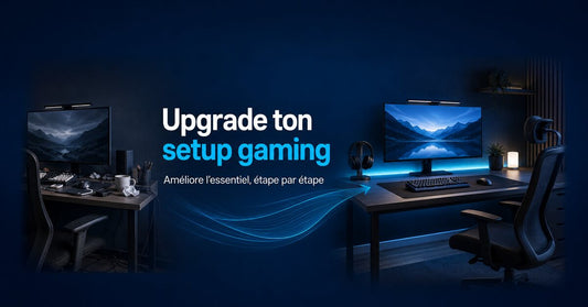 Avant-après d’un setup gaming, avec un bureau encombré puis un espace organisé et confortable dans une ambiance bleu marine et cyan.