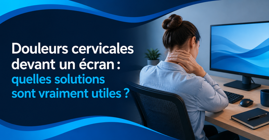 Femme tenant sa nuque devant un écran d’ordinateur, illustrant les solutions utiles pour mieux comprendre et réduire les tensions cervicales au bureau. 
