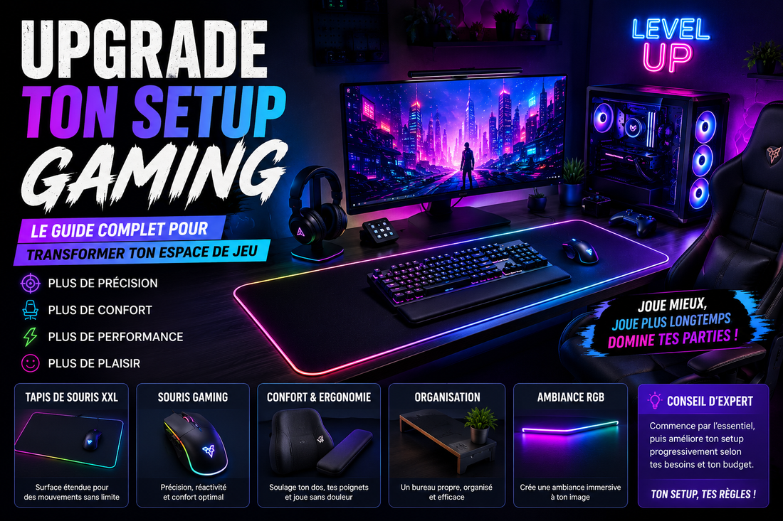 Setup gaming RGB moderne avec tapis de souris XXL lumineux, souris gamer, clavier mécanique et PC gaming sur bureau ergonomique éclairé aux couleurs néon.