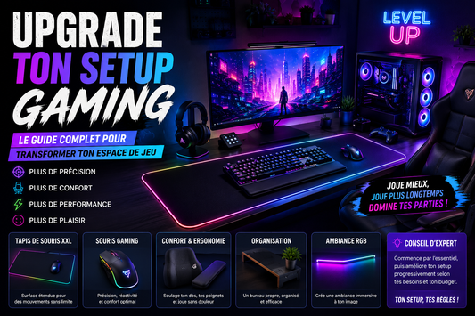Setup gaming RGB moderne avec tapis de souris XXL lumineux, souris gamer, clavier mécanique et PC gaming sur bureau ergonomique éclairé aux couleurs néon.