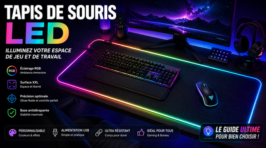 Setup gaming moderne avec tapis de souris LED RGB XXL, clavier mécanique rétroéclairé et souris gamer sur bureau ergonomique illuminé aux couleurs néon.